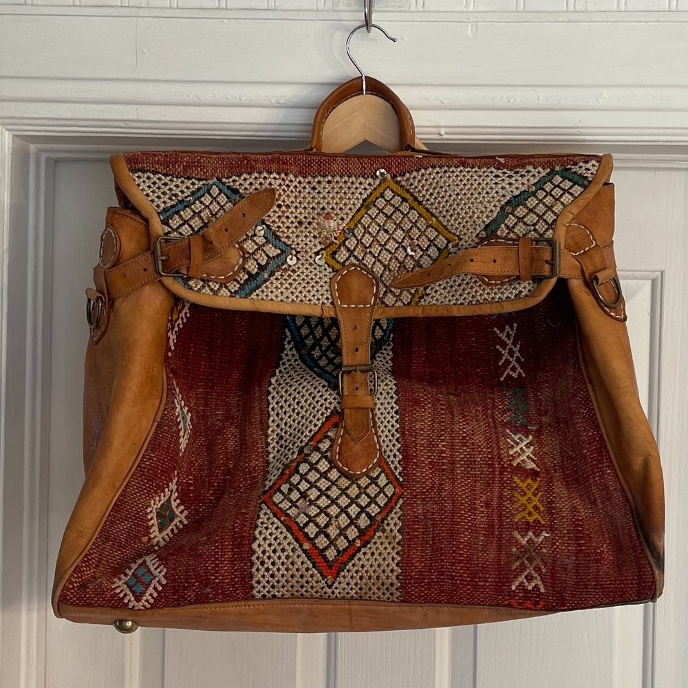 Woven and Leather top handle weekend duffle